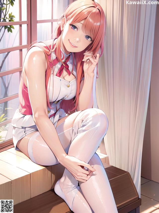 A woman sitting on a window sill next to a window.